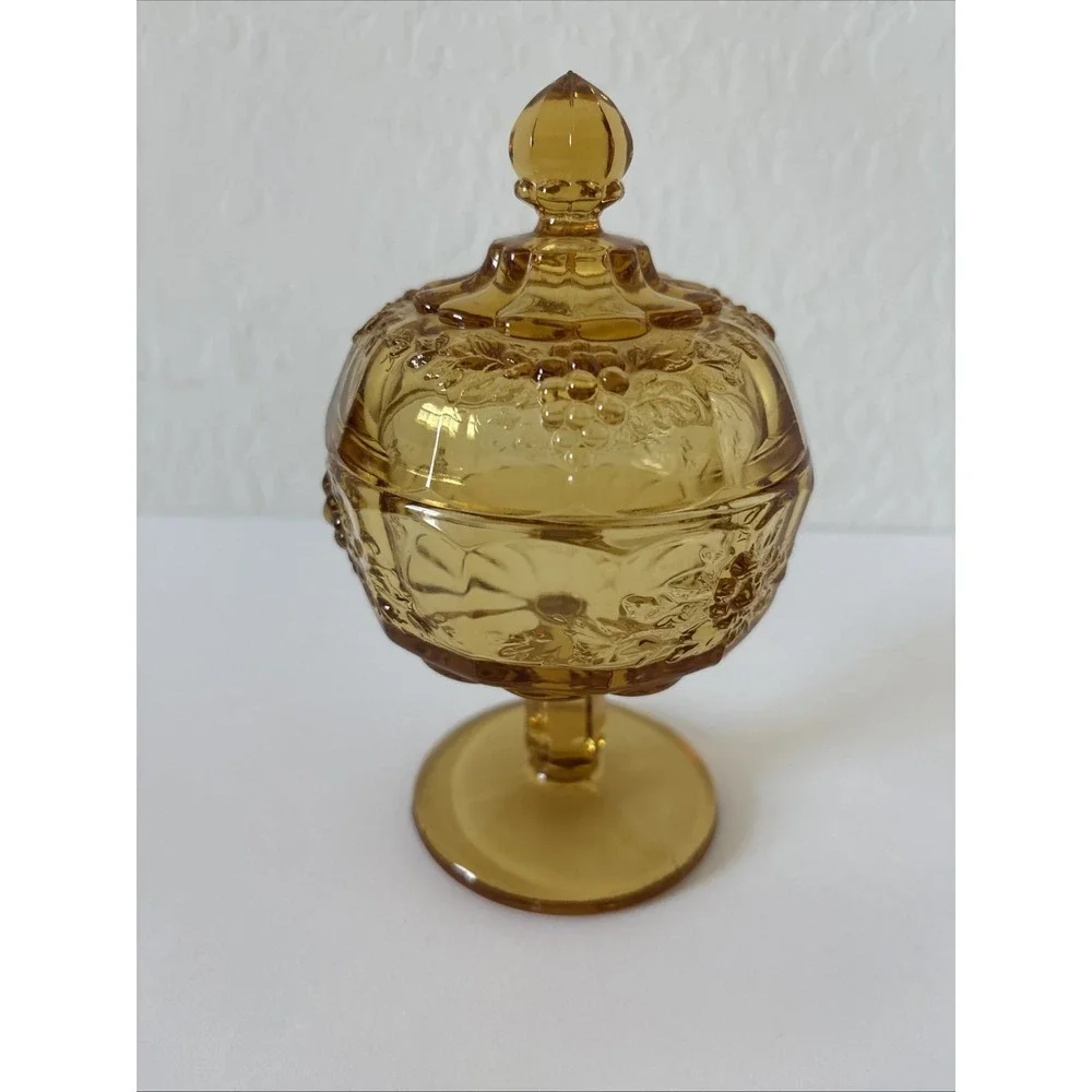 Vintage Amber Glass Candy Dish With Lid Pedestal